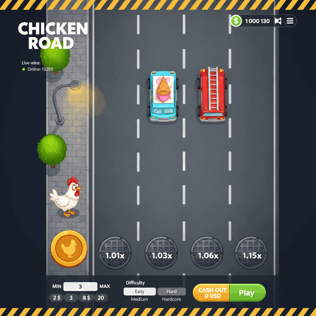 Chicken Road crash game interface showing a cartoon chicken at the edge of a multi-lane road with manhole cover multiplier markers, live wins ticker, and control panel with bet input and difficulty selection